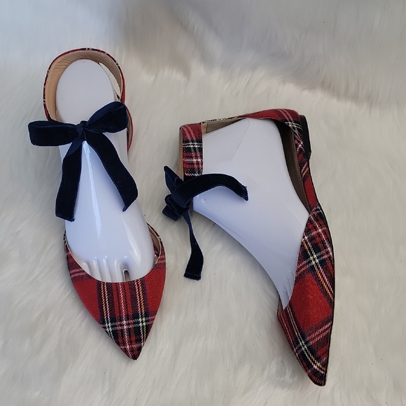 J. Crew Shoes - J.CREW Red Tartan Plaid d'Orsay Velvet Ankle Tie Festive Preppy Holiday Flat 7.5